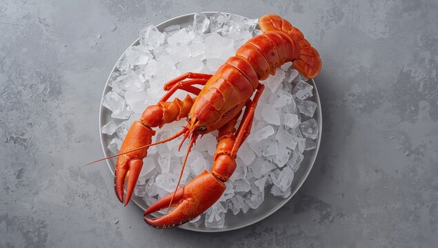 Chilled spiny lobster or sea crayfish on ice, ready for cooking Mediterranean lobster, overhead close-up on gray surface