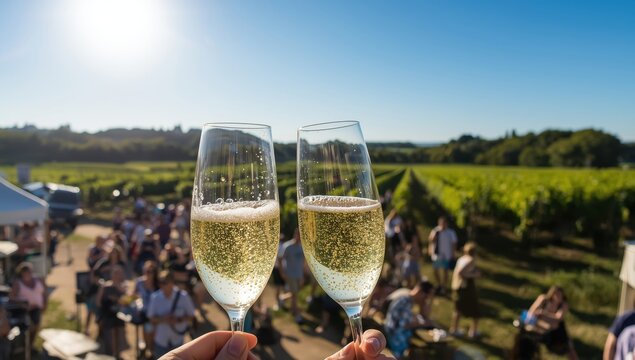 Sampling bubbly white wine at a summer festival through vineyards in Celles-sur-Ource, Champagne, France