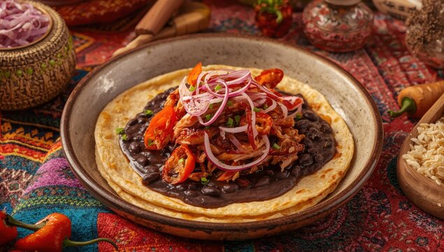 Panuchos are a traditional Yucatecan dish consisting of a fried corn tortilla stuffed with beans and garnished with cochinita pibil, pickled red onion, and habanero