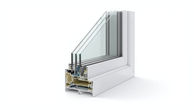 Cross section of a UPVC double-glazed window with an air chamber, captured against a white and neutral backdrop