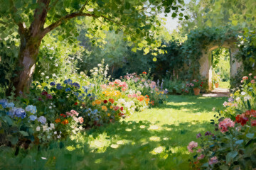 Obraz premium Dreamy garden path with a vine covered stone archway and blooming flowers in a lush oil painting style