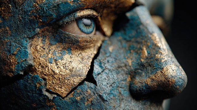 A statue with cracks, vivid eyes see new life