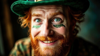 Redhead man with green glitter makeup below his eyes and a green hat, smiling widely. St Patrick Day celebration.