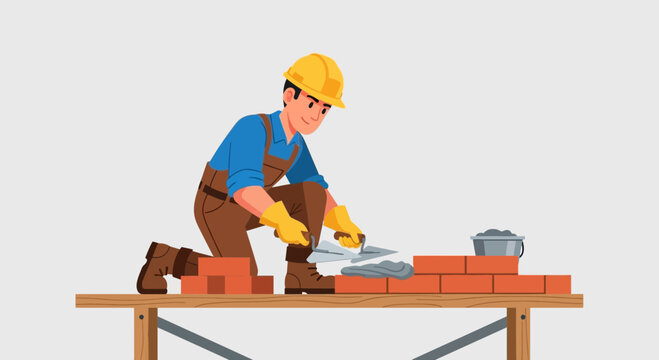 Skilled bricklayer in yellow hardhat and brown overalls carefully laying bricks with a trowel on a construction site