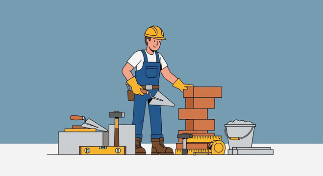 Skilled bricklayer wearing hardhat and yellow gloves works with bricks and tools to build a wall