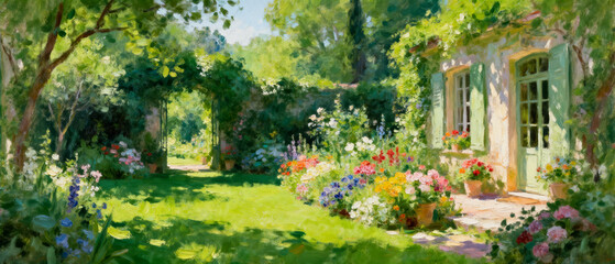 Fototapeta premium Charming cottage garden with blooming flowers and sunlit house exterior, romantic countryside oil painting illustration