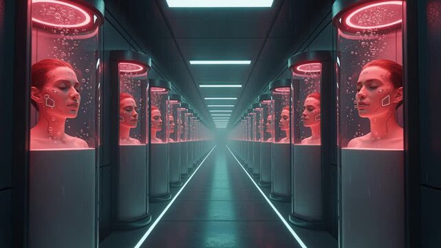 Advanced science environment showcasing illuminated female clones in laboratory