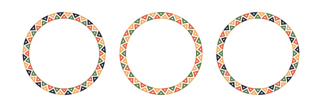 Mexican pattern circle frame. African ethnic motif border. Aztec triangular ornament round frame. Mexican text frame. African ethnic culture ornament. Vector illustration isolated on white background.