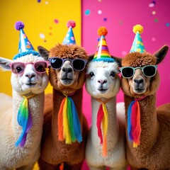 Fototapeta premium Four alpacas wear party hats sunglasses and rainbow scarves. They stand together for a fun festive celebration. Animals enjoy a colorful birthday event.