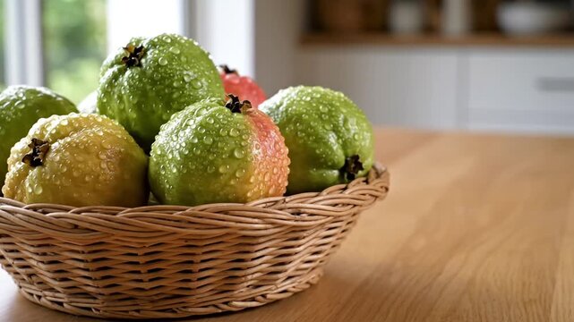 Fresh ripe guavas with water droplets in basket on kitchen table