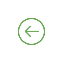 A minimalist green outline left-pointing arrow icon enclosed in a circle, suitable for user interface design and navigation elements. © Muhas