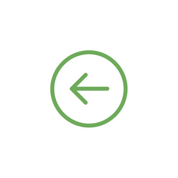 A minimalist green outline left-pointing arrow icon enclosed in a circle, suitable for user interface design and navigation elements.