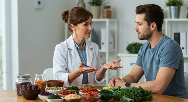 Professional dietician consulting with male client in her office. Healthy food and nutrition plan for wellness and lifestyle change