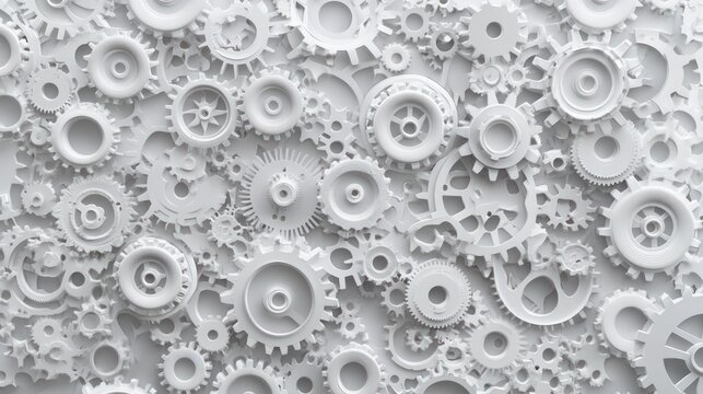 Abstract background of many white gears and cogs in intricate interlocking pattern.