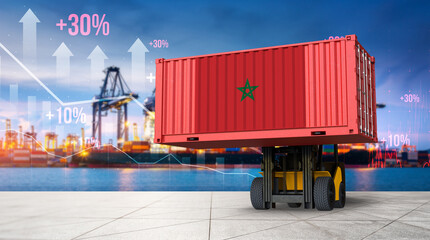Morocco's Economic Growth: A striking visual of a Moroccan flag-adorned shipping container being transported, set against the backdrop of a bustling port, symbolizing trade, logistics. © bao