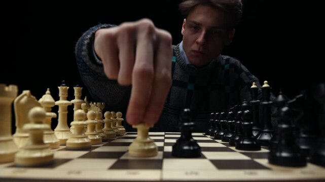 A young man is sitting in front of a chessboard with pieces and thinking about the next move. The chess player is assessing the risks before making the first move. A thoughtful chess player