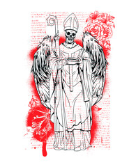 Naklejka premium Gothic Horror Illustration of a Winged Skeleton Priest in Clerical Vestments with Crozier, Macabre Religious Art with Red Splatter and Vintage Newspaper Background