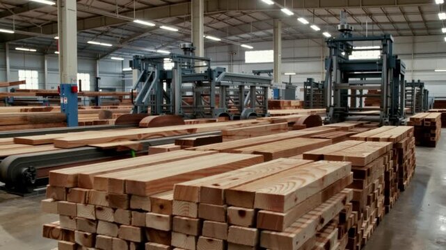 Forklift in warehouse with stacked lumber, machinery in background