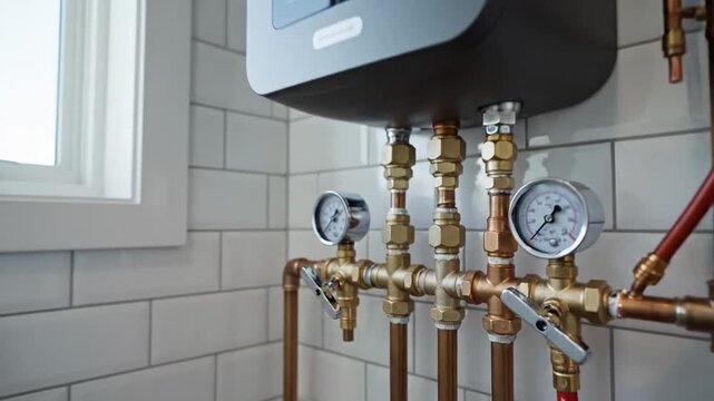 Copper pipes with pressure gauges installed on white tiled wall in a bathroom