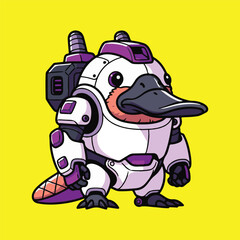 Obraz premium Whimsical Digital Illustration of a Futuristic Robotic Platypus Character Wearing an Advanced Cybernetic Suit Against a Vibrant Yellow Background, Blending Nature and Technology in a Playful Design