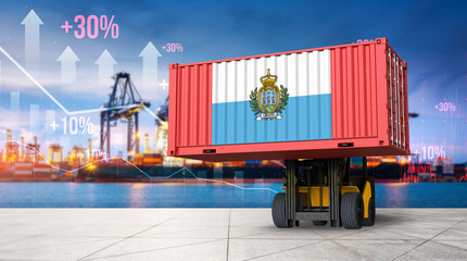 San Marino Cargo Container: A San Marino flag-emblazoned cargo container, hoisted by a forklift, stands poised at a bustling port. Economic indicators showcase growth. © bao