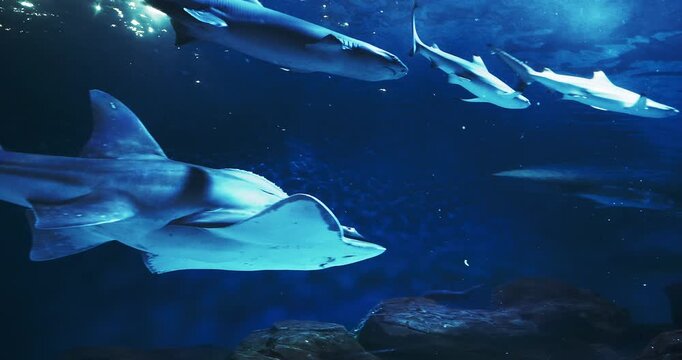 Bowmouth Guitarfish Swim In Underwater Aquarium. Rhina Ancylostoma Or Shark Ray Or Mud Skate Swim In Oceanarium. Ocean Animal, Aquatic Life. Underwater World. Critically Endangered Species Of Ray