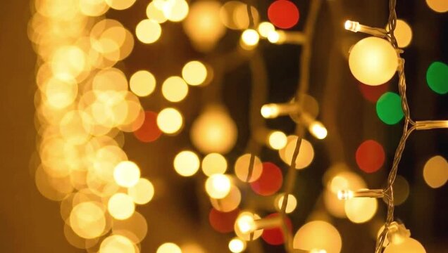 Slow motion close up of twinkling christmas lights with colorful bulbs and warm 4k video