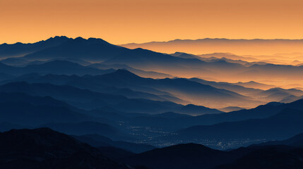 Obraz premium Layered Mountains Landscape with Orange Sky Mist