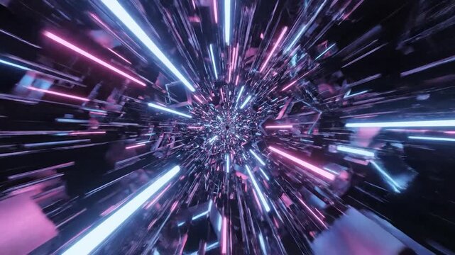 Abstract digital tunnel with glowing neon light streaks and geometric forms.