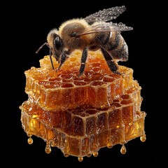Honey bee on a stack of golden honeycomb dripping with sweet honey, showing nature's natural sweetener production
