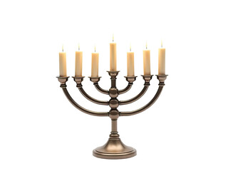 A candelab with five lit candles on a white background