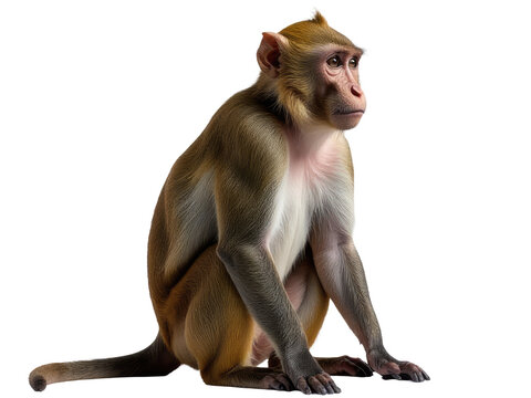 A monkey sits on the ground against a white background