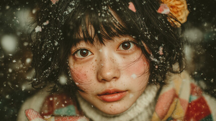 雪の中で見つめる女性ポートレート｜冬のエモーショナルな瞬間