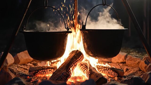 Two rustic cast iron pots boil over a crackling campfire at night