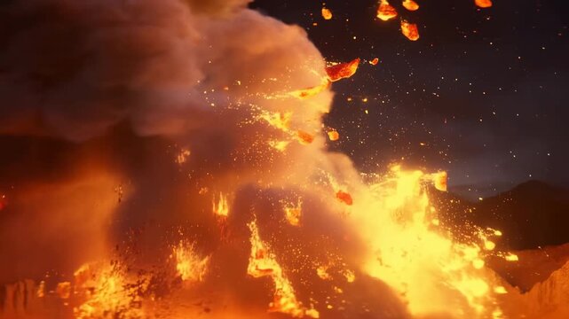 Volcano Eruption Spectacle. Intense Volcanic Activity Showcasing Fiery Debris And Towering Ash Emissions