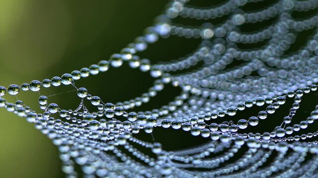 Macro spider web water droplets. Morning dew nature detail. Intricate pattern green background