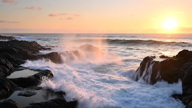 Golden sunset illuminates powerful ocean waves crashing onto rugged coastal s