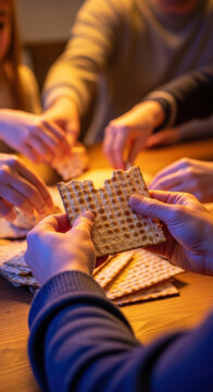 Hands Breaking Matzah During Passover Seder Celebration