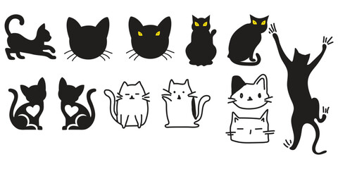 Obraz premium Collection of diverse cartoon cat silhouettes and illustrations, Collection of cat silhouettes in various poses isolated on background