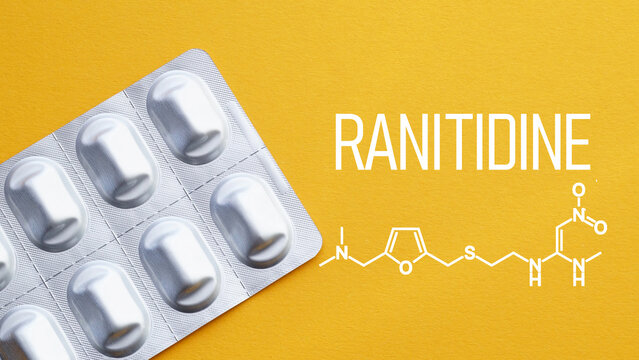 Ranitidine medication concept, histamine H2 receptor antagonist drug for reducing stomach acid, treatment of heartburn, acid reflux, gastritis and peptic ulcer disease