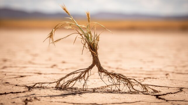 Intricate plant roots exposed in dry sandy soil, showcasing tenacious survival in arid conditions