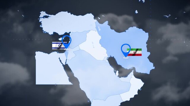 Israel and Iran Geopolitical Map Animation. Middle East Map with 3D Location Beams, Waving Flags of Israel and Iran for News, Defense, and Documentary Analysis