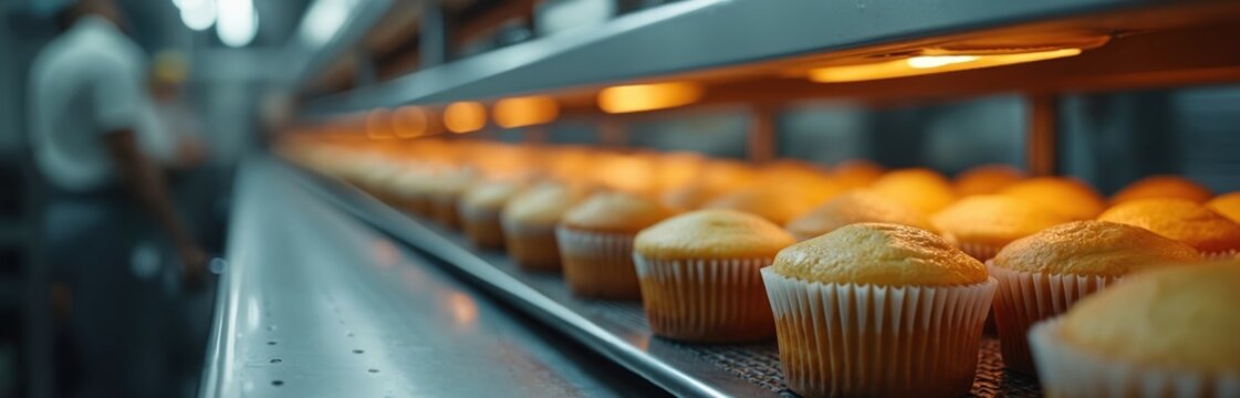 Bakery conveyor belt with many cupcakes ready to be served. Baker works in background. Industrial food making process in warm light. Sweet treats production.