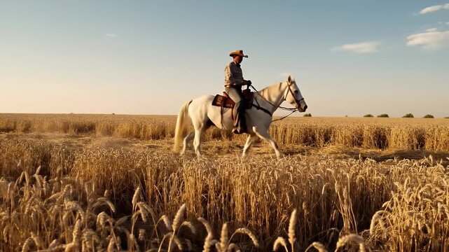 Lone cowboy rides a white horse through a golden wheat field under a clear summer sky.