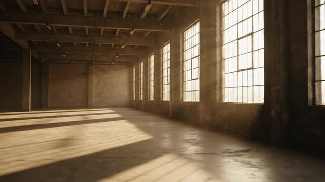 Empty warehouse interior with sunlight streaming through windows, creating long shadows in the building space.
