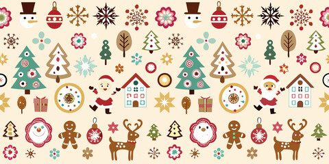 Festive holiday pattern featuring snowmen reindeer and christmas trees © KrishnaPada