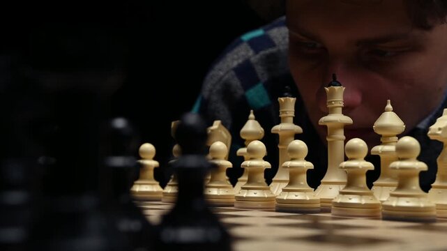 A young man is sitting in front of a chessboard with pieces and thinking about the next move. The chess player is assessing the risks before making the first move. A thoughtful chess player