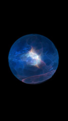 Obraz premium Glowing blue plasma orb with electric veins on black background, futuristic energy sphere with soft haze and luminous core