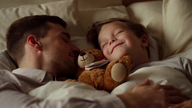 Gentle Father Embraces Sleeping Child Warmly. Warm Family Moment With Father And Son Resting Together