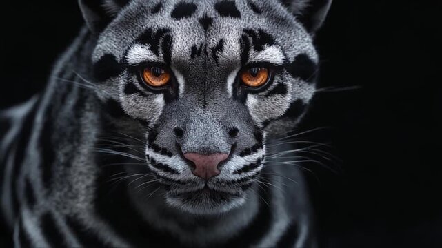 Close-up of a clouded leopard's face, showcasing striking orange eyes on a dark background